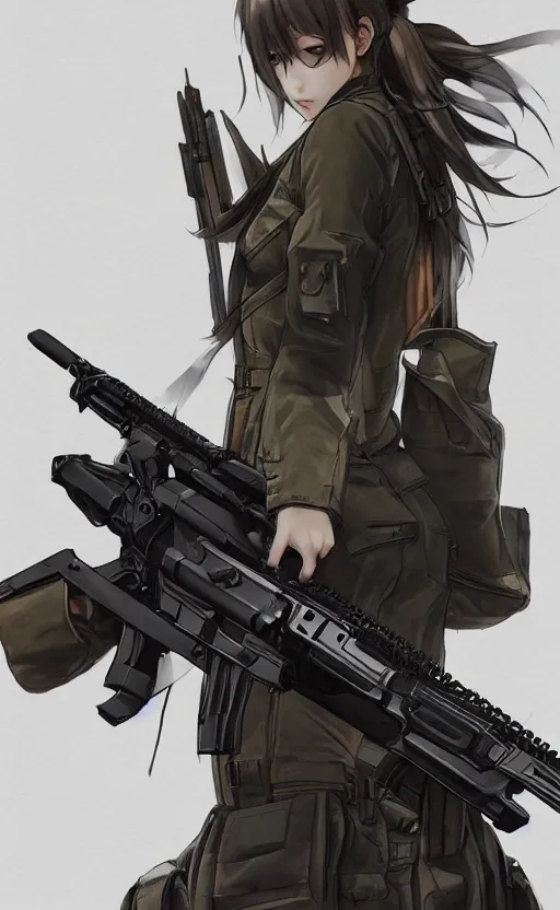 Prompt: highly detailed, high resolution, character design art, stunning, volumetric lightning, realistic guns, girls frontline style, matte, sharp focus, intricate, 150mm, illustration, artstation, by yusuke kozaki, realistic human anatomy, simple design, realistic military gear, metal gear style