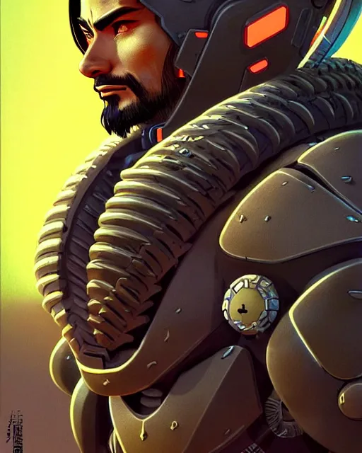 Image similar to hanzo from overwatch, cyber suit, character portrait, portrait, close up, concept art, intricate details, highly detailed, vintage sci - fi poster, retro future, vintage sci - fi art, in the style of chris foss, rodger dean, moebius, michael whelan, and gustave dore