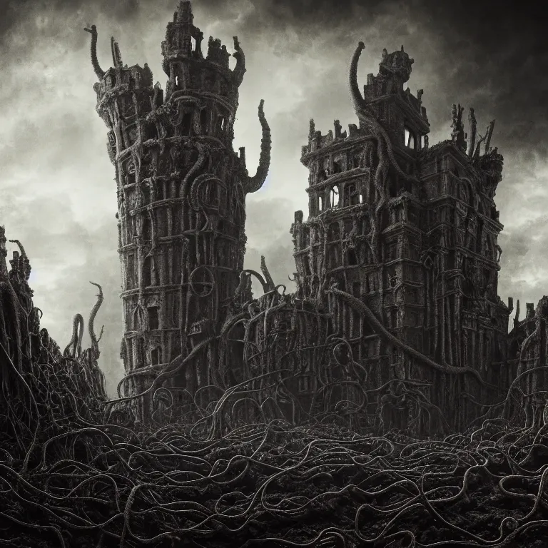 Image similar to surreal ribbed abandoned giant castle covered with tentacles, roots, spines, baroque painting, standing in a desolate empty wasteland, creepy, nightmare, dream-like heavy atmosphere, surreal abandoned buildings, beautiful detailed intricate insanely detailed octane render trending on Artstation, 8K artistic photography, photorealistic, chiaroscuro, Raphael, Caravaggio, Beksinski, Giger