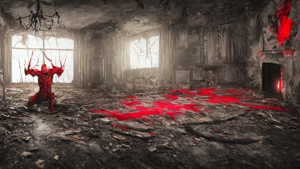 Prompt: inside a haunted destroyed house, close look at a sigil scribbled on the ground and the sigil shining white, the red goblin is sucked into the sigil and vanished on the ground, trending on artstation, wide view, cinematic view, cinematic, 8 k, digital photo, unreal engine, colored paint, colorful paint, scary style