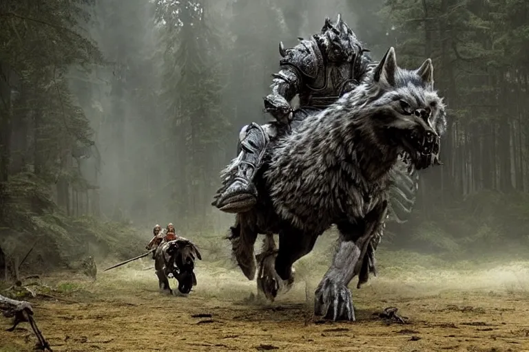 Image similar to vfx movie closeup detailed ancient armored warrior orc hunting riding large wolf in the forest, natural lighting by emmanuel lubezki