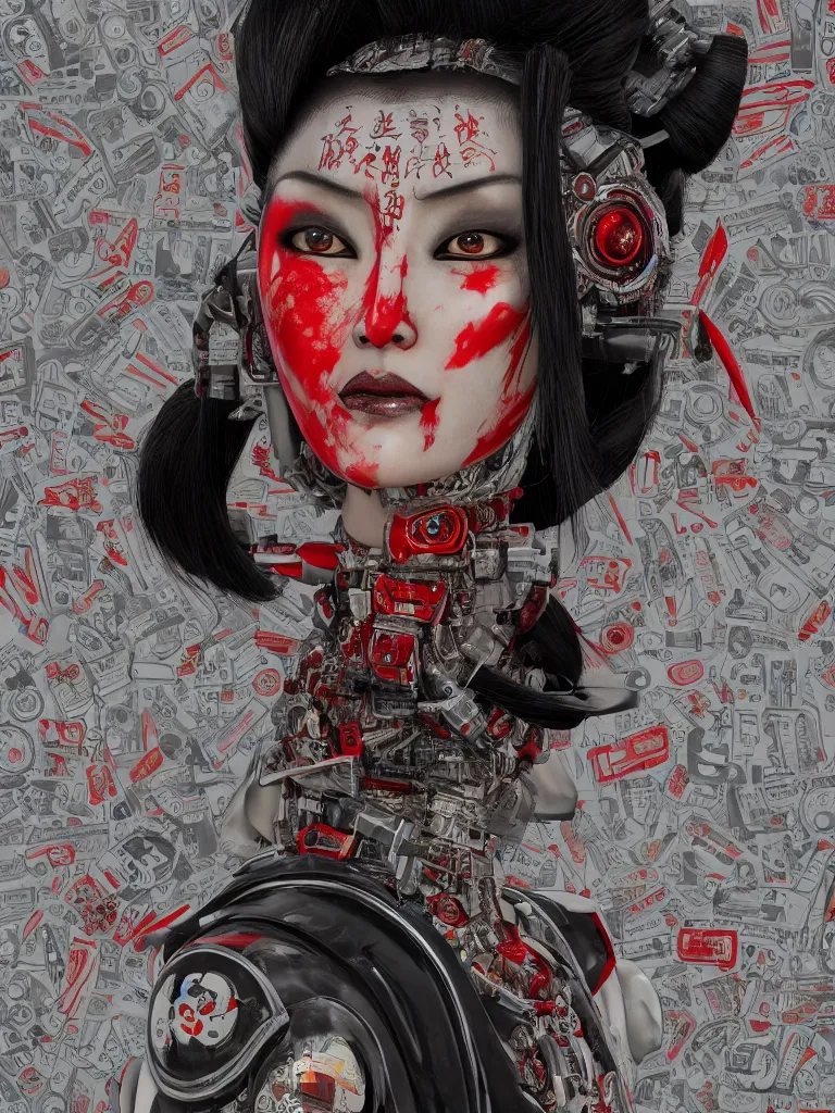 Image similar to an epic fantastic realism comic book style portrait painting of a japanese robotic : akira geisha with chinese pattern tattoos and decals, 云 雷 纹, 蟒 纹, inspired by the lord of ghost in the shell, octane render, intricate detail, 8 k hd, unreal engine 5, ex machina, irobot