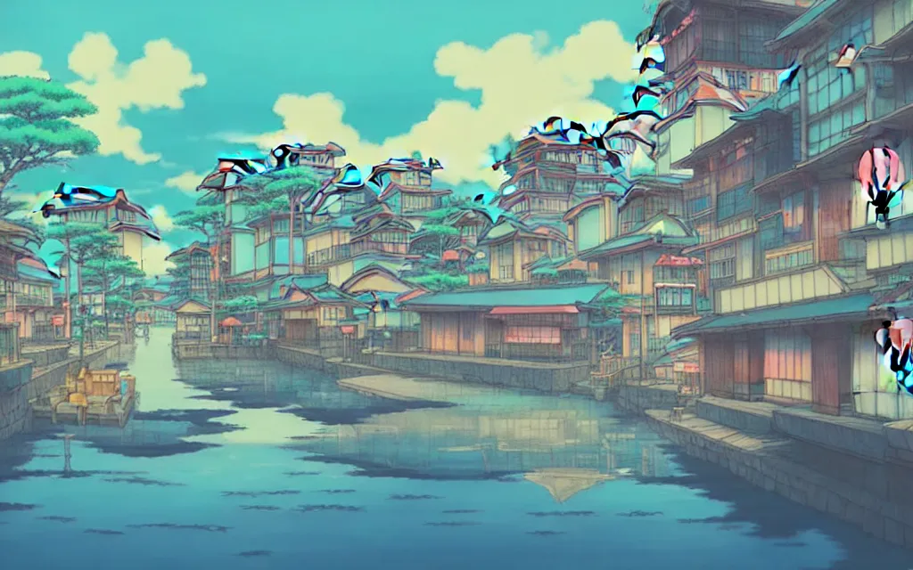 Image similar to a japanese city near the sea, lofi, dreamy, moody, very colorful, anime inspiration, ghibli vibe