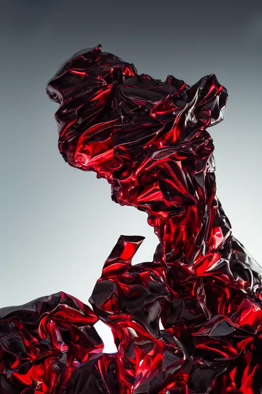 Image similar to realistic 8k Roberto Ferri Sculpture of random jagged reflective metal pieces forming the shape of a person silhouetted by a bright red sun, godrays, glinting metal, neon colors, cyberpunk, smooth, sharp focus, 24mm lens, DOF, hyper realistic, art by Greg Rutkowski and Ruan Jia and Giger