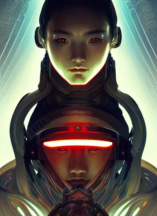 Image similar to symmetry!! portrait of a japanese warrior, sci - fi, tech wear, glowing lights!! sci - fi, intricate, elegant, highly detailed, digital painting, artstation, concept art, smooth, sharp focus, illustration, art by artgerm and greg rutkowski and alphonse mucha