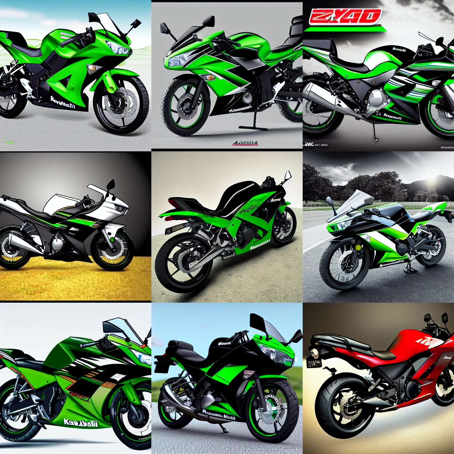 Prompt: Kawasaki ninja zx250 motorbike, 35mm wide angle, photorealistic, extremely realistic