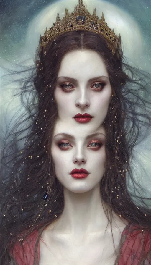 Image similar to Masterpiece painting of beautiful vampire princess close-up portrait by Donato Giancola and Tom Bagshaw, face by Artgerm and Edmund Leighton, golden ratio, trending on cgsociety, intricate, majestic, dark epic fantasy, trending on artstation, by H.R. Giger, background by James Jean and Gustav Klimt, 8k, volumetric Lighting, Hokusai, trending on pixiv