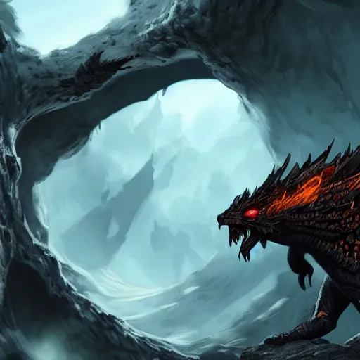 Image similar to fantasy black dragon living in huge cave, lots of details, fire breath, 3 d octane