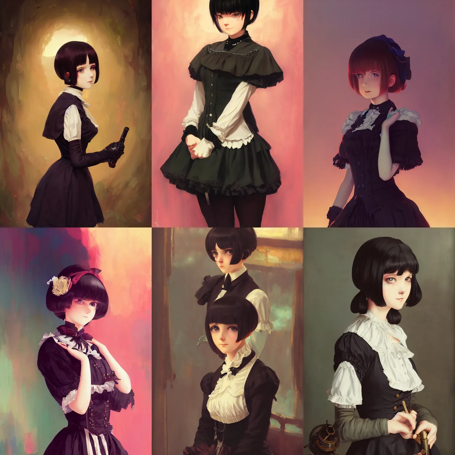 Image similar to a portrait of a cute young woman in a Victorian maid outfit with black bob cut hair, steampunk setting, vivid colors, soft lighting, atmospheric, cinematic, moody, in the style of Ilya Kuvshinov and Range Murata, Krenz Cushart, oil on canvas, 8k