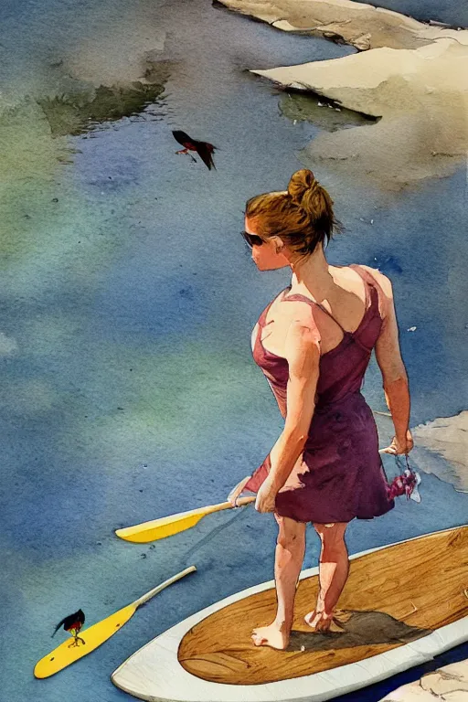 Image similar to watercolor painting of a woman on the sup, looking down at water on her hands and feet, in the style of the birds of america illustrated by marc simonetti.