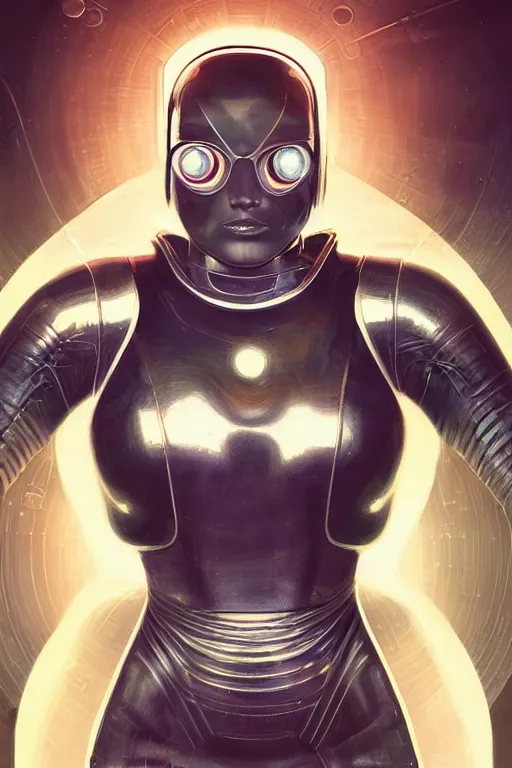 Image similar to retro-futuristic female android in old scratched chrome armour, vintage used look, facial portrait, rim light, ornate pattern, glowing eyes, evil expression, painting by vincent di fate, artgerm julie bell beeple, Smooth gradients, High contrast, depth of field, very coherent symmetrical artwork