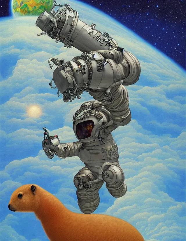 Image similar to beautiful detailed painting of a capybara in a spacesuit floating above earth by casey weldon by mark ryden by thomas blackshear