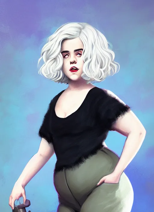 Image similar to full body portrait, kiernan shipka as sabrina spellman, white hair, obese, bangs, sultry, realistic, sultry smirk, fluffy bangs, curly bangs, fat, belly, intricate, elegant, highly detailed, digital painting, artstation, concept art, smooth, sharp focus, illustration, art by wlop, mars ravelo and greg rutkowski