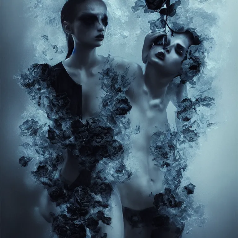 Image similar to 3 d, white and black smoke, sun rays, confident fashion model, sweat skin, liquid black metal, black roses, poster art, high detail, intricate oil painting, multiple exposure, deep blue mood, hyperrealism, 3 d, by tooth wu and wlop and beeple and greg rutkowski