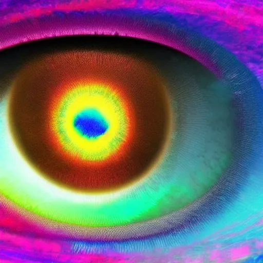 Prompt: the image is of an eye whose pupil is a swirling rainbow. the background is a deep blue, and the overall effect is of a psychedelic nature.