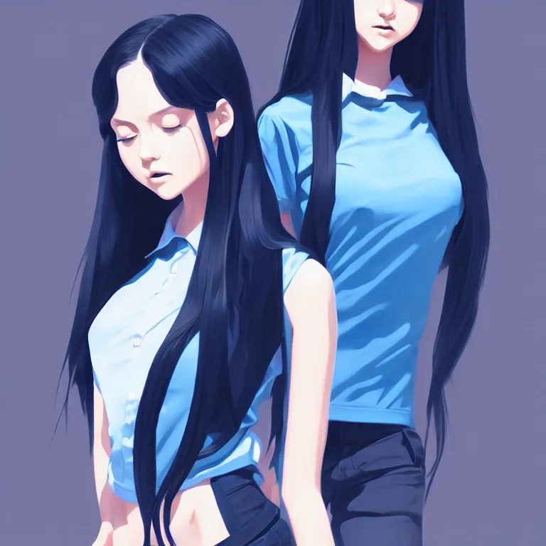 Image similar to urban high school girl in shirt fanart, dark blue long hair, muted colors, matte print, pastel colors, ornate, digital art, digital painting, fan art, elegant, artstation, by Ilya Kuvshinov