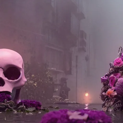 Image similar to an octopus in the shape of a skull surrounded by flowers at midnight, foggy cinematic shot photo still from movie by denis villeneuve, wayne barlowe