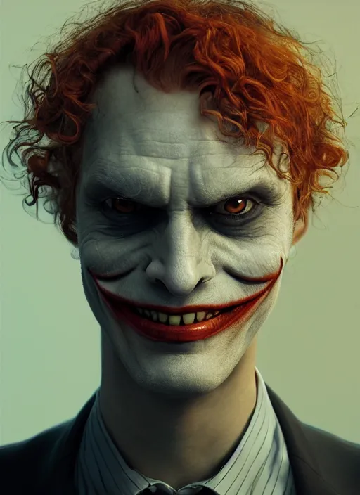 Prompt: portrait of a curly orange hair man looking like joker from batman, au naturel, hyper detailed, digital art, trending in artstation, cinematic lighting, studio quality, smooth render, unreal engine 5 rendered, octane rendered, art style by klimt and nixeu and ian sprigger and wlop and krenz cushart and marvel and dc