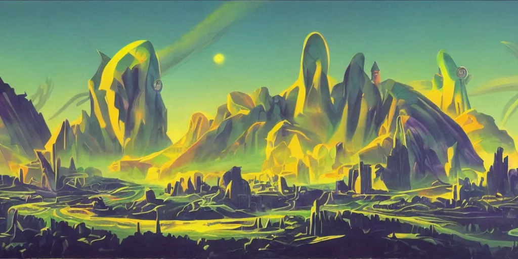 Image similar to An fantastic landscape from an adventure game theme of the wizards of science fiction 1950s future (oil paint on canvas, art deco era)