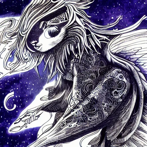 Image similar to winged lioness in outer space, ink on paper, 8k high quality detailed art, trending on art station, manga art, by Eiichiro Oda