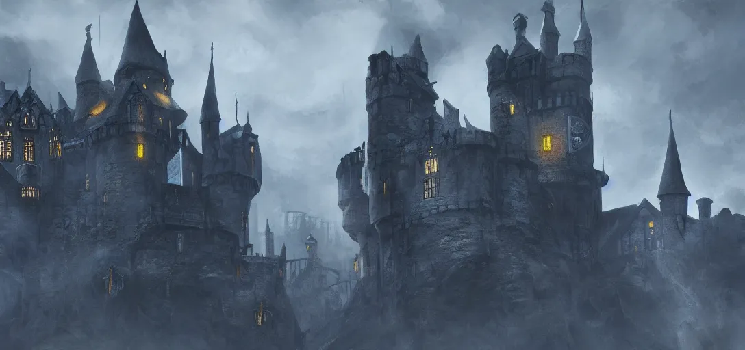 Prompt: A digital concept art painting of a dark blue medieval fantasy european ghotic castle with black brick in desert, 4K UHD image, unreal engine