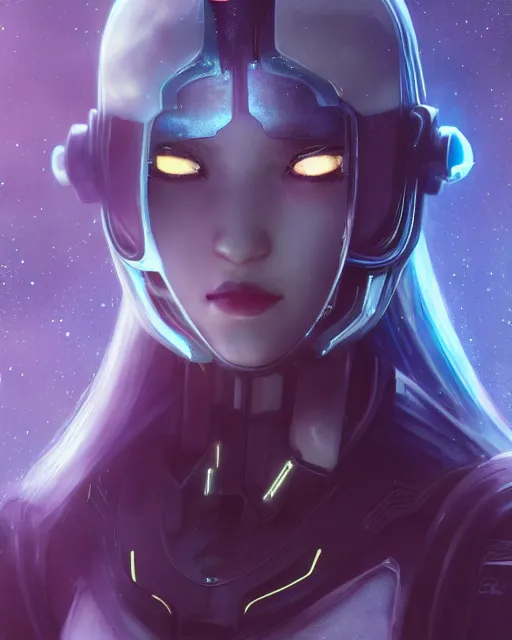 Image similar to perfect android girl, warframe armor, beautiful face, scifi, futuristic, galaxy, nebula, bae suzy, dreamy, long white hair, blue cyborg eyes, cinematic lighting, highly detailed, very cute, focused, artstation, divine, by gauthier leblanc, kazuya takahashi, huifeng huang, jama jurabaev