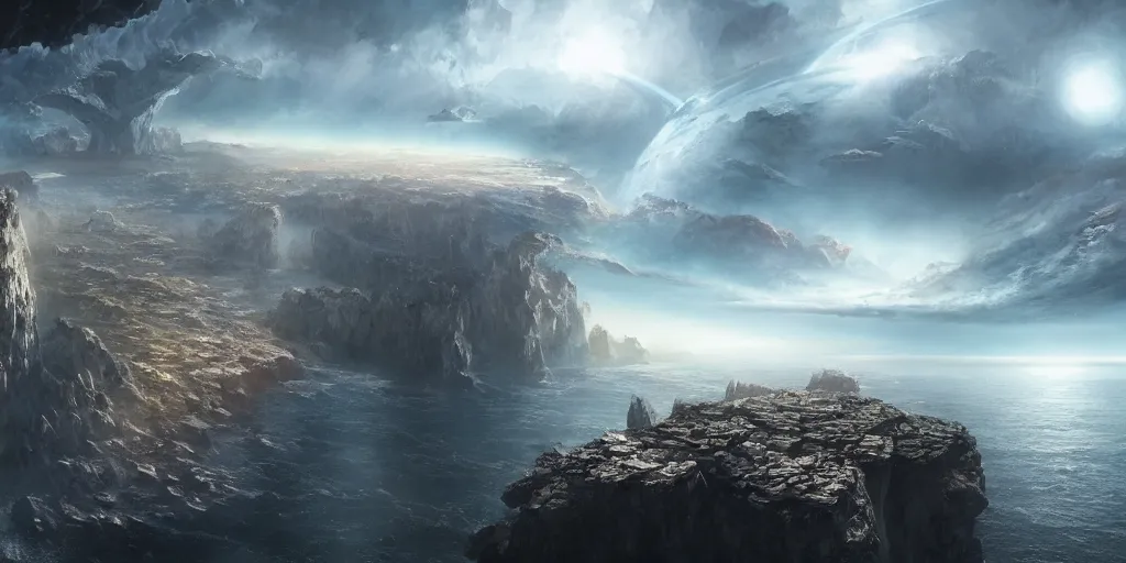 Image similar to the edge of the world ends with a cliff to space, High fantasy, Cinematic Matte Painting, Insanely Detailed, Award Winning, Trending on Artstation, 8k, UHD