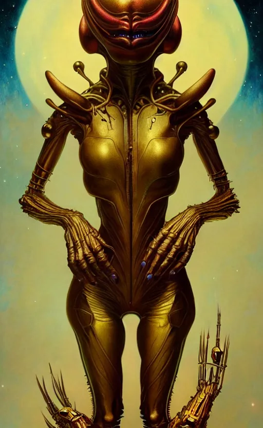 Image similar to exquisite imaginative alien creature poster art, humanoid, gold, movie art, by lucusfilm, weta studio, tom bagshaw, james jean, frank frazetta alphonso mucha, norman rockwell, giu, moebius, 8 k, denoised