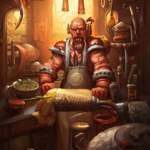 Image similar to Portrait of a butcher at his butcher shop in World of Warcraft, cover art, ultra wide lens shot, pretty, beautiful, character art portrait, matte fantasy painting, DeviantArt Artstation, by Jason Felix by Steve Argyle by Tyler Jacobson by Peter Mohrbacher, cinematic lighting