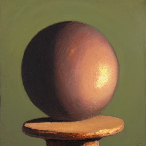 Prompt: oil painting of a spherical rough boulder on a pedestal with a match stick in its side, brown background