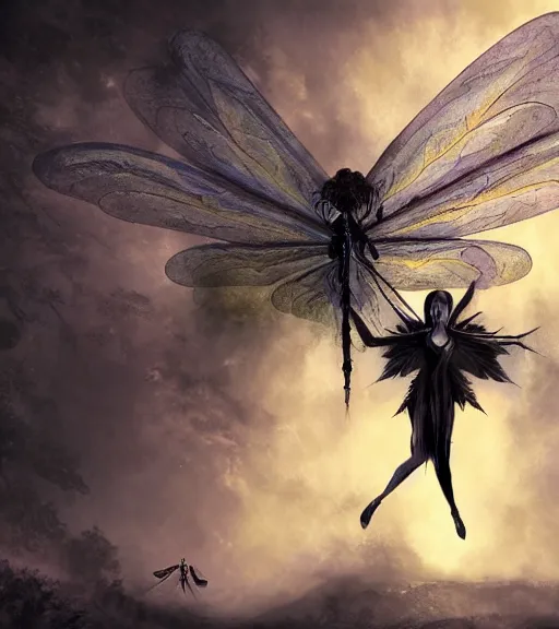 Image similar to gothic fairy with dragonfly wings, digital painting, liminal eerie midnight backlit, a picture taken by Michael Komarck and Eric Deschamps