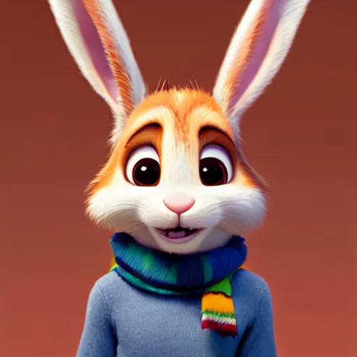 Prompt: promotional art, very very very cute disney pixar friendly bunny character wearing a scarf, white background, iconic film character, detailed fur, concept artwork, 3 d render official art, promotional art, by ilya kuvshinov katsuhiro villeneuve, jeremy lipkin and michael garmash and rob rey, disney pixar zootopia