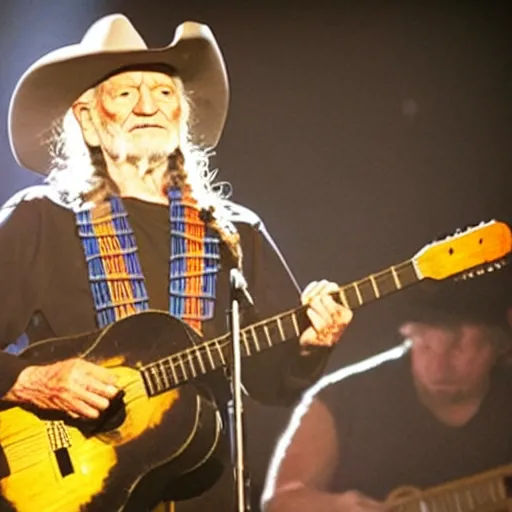 Image similar to willie nelson on stage, guitar. god rays through fog.