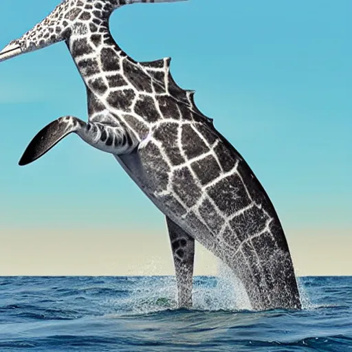 Image similar to a dolphin with crocodile legs and the head of a giraffe