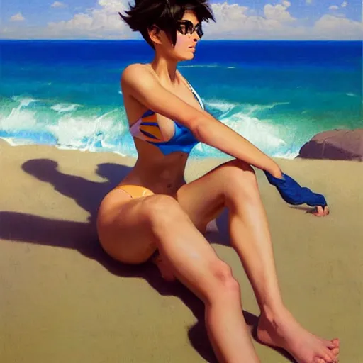 Image similar to greg manchess painting of tracer wearing a bikini in a beach, medium shot, organic painting, sunny day, bold shapes, hard edges, street art, trending on artstation, by huang guangjian and gil elvgren and sachin teng and artgerm and greg rutkowski and alphonse mucha