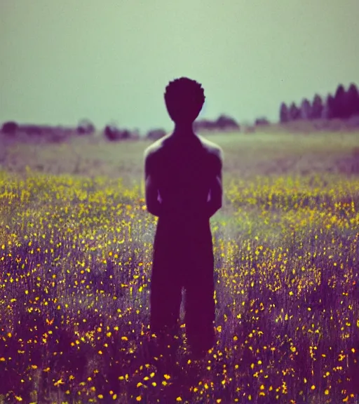 Image similar to mystical death god standing in tall meadow of flowers, distant, film photo, grainy, high detail, high resolution