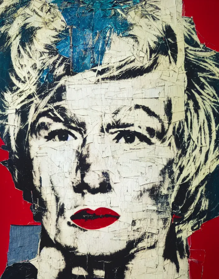 Prompt: portrait of andy warhol, detailed analogue mixed media collage with canvas texture in style of contemporary art, punk art, hyperrealistic beautiful face, photorealistic, expressionism, masterpiece, perfect composition, spectacular quality, intricate oil details, vivid broken glass, torn paper