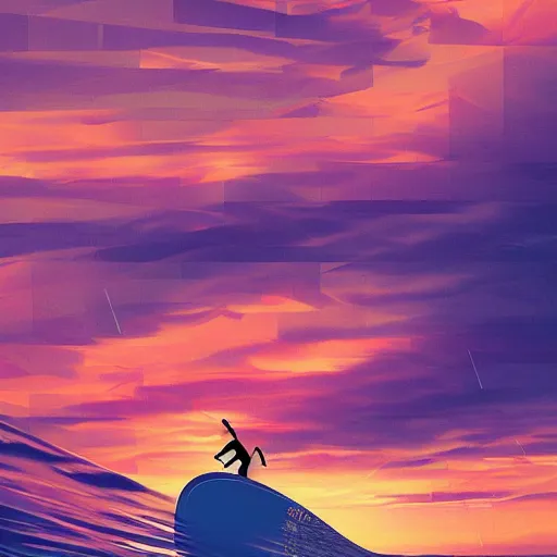 Image similar to surfing at sunset, by scott uminga trending on artstation, trending on deviantart,