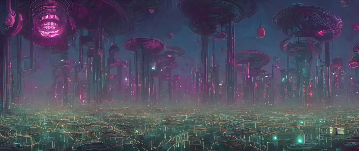 Image similar to beautiful painting of anemone city in the dreams of a mainframe in the style of Simon Stålenhag and H. R. Giger, detailed, trending on Artstation