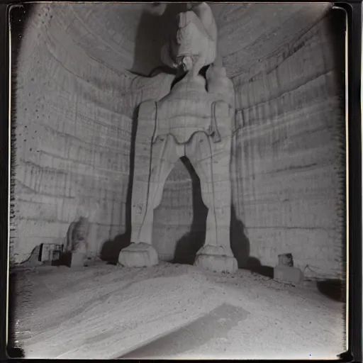 Prompt: a very large statue inside of a underground quarry, megalophobia, expired film, old polaroid,