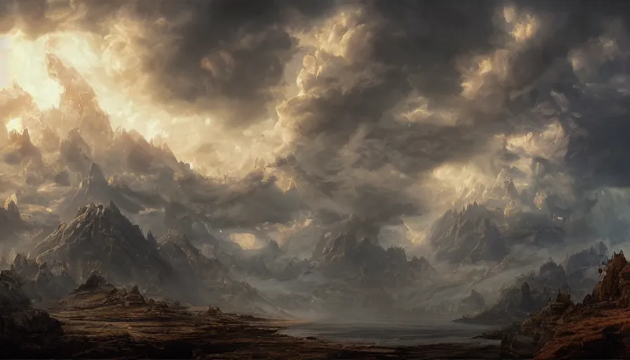 Image similar to excellent painted ancient daemon in an epic landscape in another dimension with fluffy clouds, painted by Hans Fredrik Gude, Greg Rutkowksi, Craig Mullins and Artgerm, concept art 2022, 4k, ultra realistic highly detailed oil painting