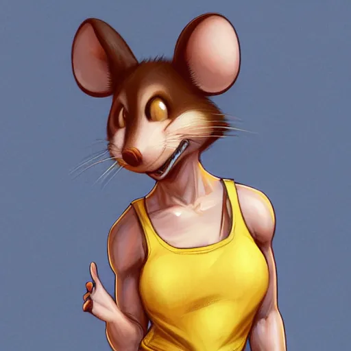 Image similar to anthropomorphic mouse wearing denim short shorts and yellow tank top, highly detailed, artgerm style, artstation, soft light, sharp focus, illustration, character design, concept art