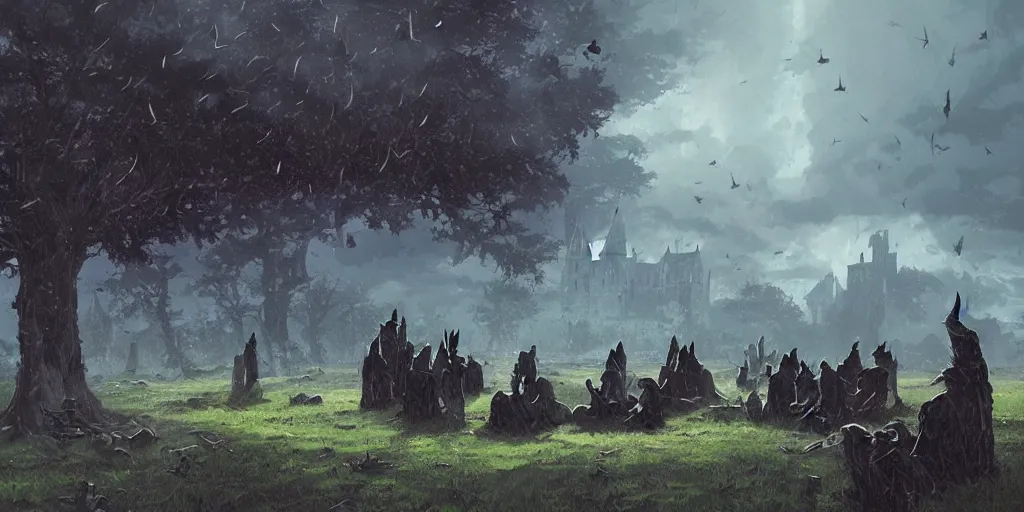 Image similar to A group of Ravens sit around a fallen solider, a medieval castle in the distance, dark fantasy, stormy sky, lightning, digital art by Greg Rutkowski and Studio Ghibli