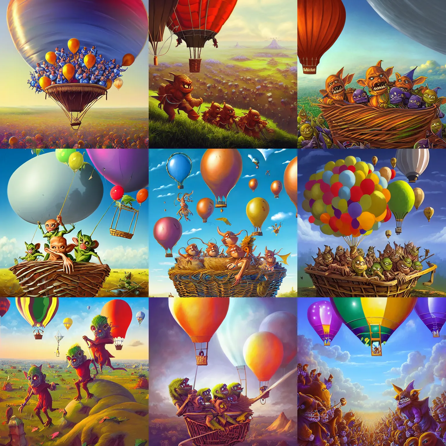 Prompt: A Beautiful digital artwork of the A bunch of goblins in the basket of a travel balloon, war and battle, in style by Dan Mumford, Cyril Rolando and M.W Kaluta, 8k resolution