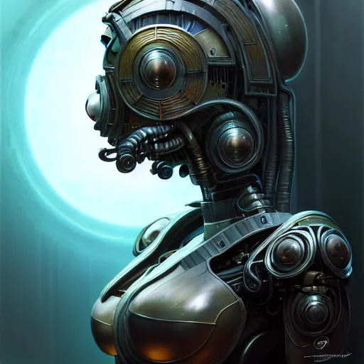 Image similar to front shot of a cyberpunk gazmask robot character, intricate, elegant, highly detailed, centered, digital painting, artstation, concept art, smooth, sharp focus, illustration, artgerm, Tomasz Alen Kopera, Peter Mohrbacher, donato giancola, Joseph Christian Leyendecker, WLOP, Boris Vallejo