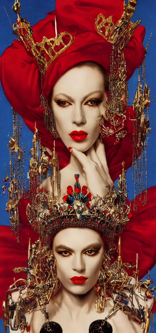 Prompt: an 8 0 s close - up portrait of a woman with dark eye shadow and red lips with dark slicked back hair, a mask of beads and jewels hanging from a crown by serge lutens, rolf armstrong, delphin enjolras, peter elson, background of classic red cloth