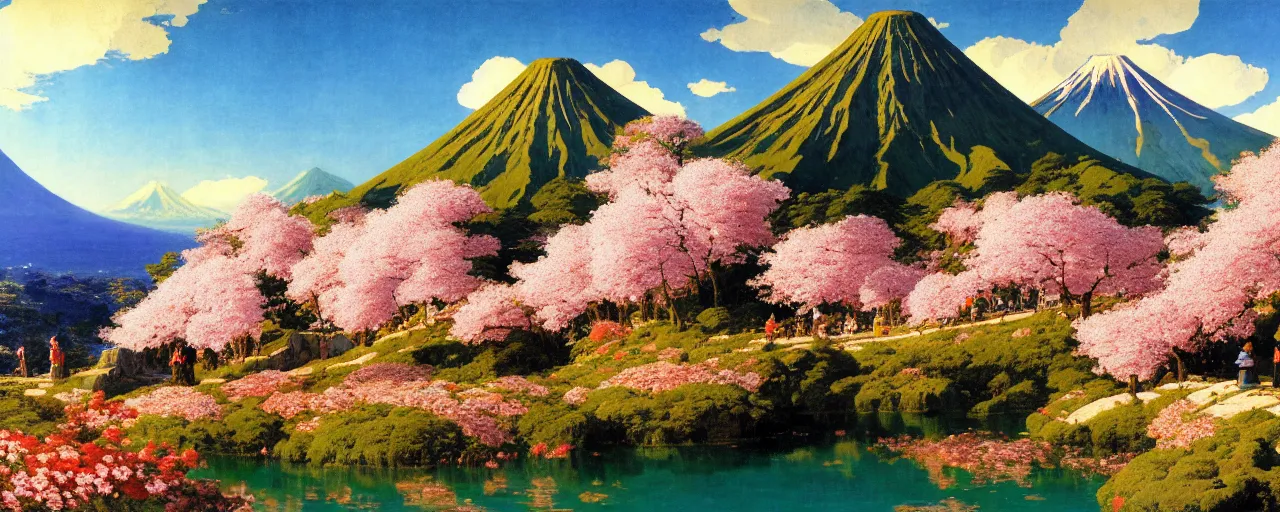 Prompt: ghibli illustrated background of a strikingly beautiful over a volcano with cherry blossom by vasily polenov, eugene von guerard, ivan shishkin, albert edelfelt, john singer sargent, 4 k