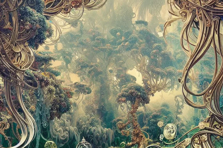 Image similar to a huge flock of many ornate intricate puffy filigreed clouds tangled into large whirling ultra detailed crystal specimens, art nouveau jungle environment, playful, award winning art, epic dreamlike fantasy landscape, ultra realistic,