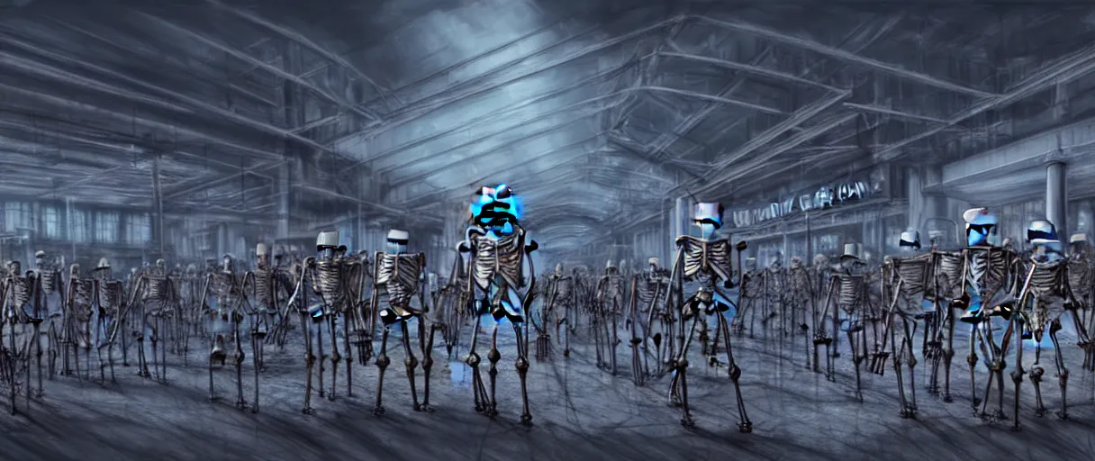 Image similar to hyperrealistic skeleton army mall in background ute osterwald jason limon concept art dramatic blue lighting wide angle hd 8k sharp shallow depth of field