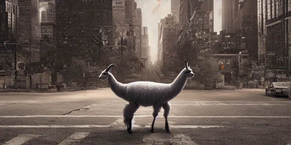 Image similar to a llama walking through a desolate manhattan city street at night, statue of liberty seen in the background, realistic 4 k octane beautifully detailed render, 4 k post - processing, highly detailed, detailed face, intricate complexity, epic composition, magical atmosphere, cinematic lighting, masterpiece, ultra hd